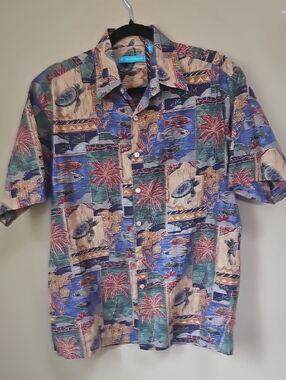Tori Richard Blue Green Multi Tropical Button-Down Camp Shirt Vintage